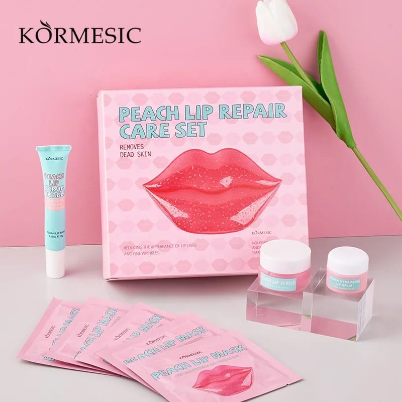 KORMESIC Exfoliating Hydrating Moisturizing Nourishing 4 In 1 Mask  Lip Scrub ; Lip Balm Set Peach Lip Repairing Care Kit